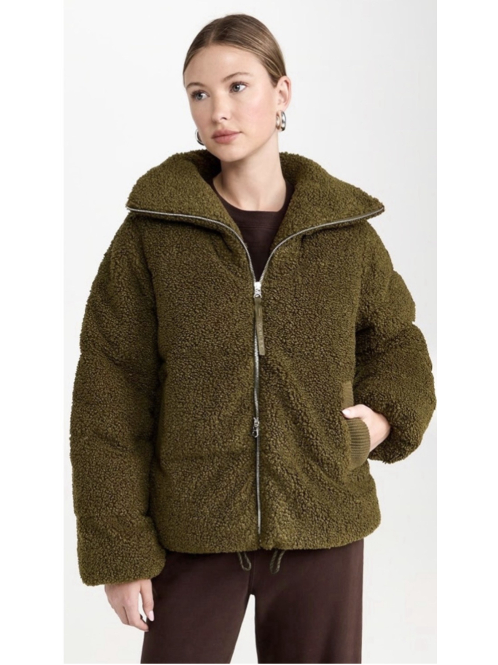 Varley Wilkins Quilted Sherpa Puffer Coat Dark Olive Green Size Small